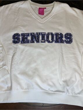 QUEEN OF SPARKLES White Top with Seniors in blue/purple stone design
